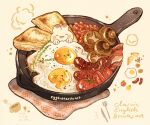  bacon beans bread bread_slice bunny cup egg english_text food food_focus fork frying_pan garnish highres knife meat mushroom nao_(bestrollever) no_humans original realistic sausage simple_background still_life sunny_side_up_egg tomato tomato_slice vegetable 