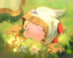  :o animal blue_flower blurry blurry_foreground blush_stickers bug butterfly closed_eyes depth_of_field flower grass highres insect kirby kirby&#039;s_dream_land kirby_(series) kouyafu lying on_grass on_side parted_lips red_flower signature sleeping solo veil white_flower 