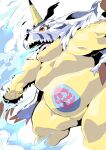  2021 absurd_res anthro belly biped blue_body blue_fur digimon digimon_(species) fur gabumon hi_res horn humanoid_hands kemono overweight sigenoya solo white_body white_fur 