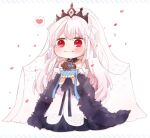  1girl bare_shoulders blush bridal_veil chibi chocolate chocolate_pig choker dress girls_frontline heart incoming_food incoming_gift kar98k_(girls_frontline) long_hair official_alternate_costume rabb_horn red_eyes smile solo spoken_heart veil very_long_hair wedding_dress white_hair 