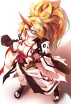  1girl baiken baiken_(cosplay) black_footwear blonde_hair breasts cleavage clenched_hands collarbone commentary_request cosplay eyepatch feet from_above full_body grin guilty_gear high_ponytail highres horns hoshiguma_yuugi large_breasts long_hair looking_at_viewer looking_up oni_horns red_eyes shadow simple_background single_horn skull_print smile solo standing sunyup tassel touhou very_long_hair white_background wide_sleeves 