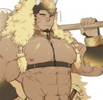  1boy abs animal_hood bara bare_pecs biceps bursting_pecs carrying_under_arm chest_harness collar dark_skin dark_skinned_male facial_hair fang forked_eyebrows fur_(clothing) goatee gomtang gullinbursti_(tokyo_houkago_summoners) harness hood large_pectorals long_sideburns male_focus mature_male muscular muscular_male navel navel_hair nipples pectorals red_nose revealing_clothes scar scar_on_chest sheath sheathed short_hair sideburns solo spiked_hair stomach sweat tokyo_houkago_summoners 