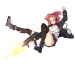  alternate_legwear breasts firing girls_frontline gun h&amp;k_mp7 highres kneehighs medium_breasts mp7_(girls_frontline) ponytail red_hair short_hair solo submachine_gun tonys weapon yellow_eyes 