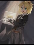  1girl aito alternate_costume bangs black_jacket black_pants blonde_hair blush braid collared_shirt commentary_request cowboy_shot eyebrows_visible_through_hair fate/grand_order fate_(series) formal french_braid gloves green_eyes hair_ornament hair_scrunchie highres indoors jacket long_hair long_sleeves looking_at_viewer mordred_(fate) mordred_(fate)_(all) necktie open_mouth pants parted_bangs ponytail red_scrunchie scrunchie shirt solo standing suit white_gloves white_shirt 