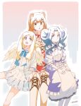 3girls :d :o absurdres angel_wings animal_ears blonde_hair blue_hair blue_neckwear blue_ribbon boots border brown_eyes brown_hair closed_mouth dress firo_(tate_no_yuusha_no_nariagari) hands_on_lap highres invisible_chair long_hair long_sleeves looking_at_viewer melty_q_melromarc multiple_girls neck_ribbon open_mouth parted_lips purple_dress purple_eyes raphtalia reward_available ribbon ryusei_hashida signature sitting smile tate_no_yuusha_no_nariagari twintails white_border white_dress wings 