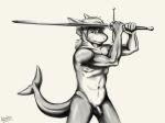  absurd_res anthro black_and_white fish genitals hair hi_res krahs_tsai long_hair looking_away male marine melee_weapon monochrome nude penis shark solo solo_focus sword tasteful_nudity weapon 