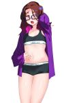  1girl black_bra black_panties bra brown_eyes brown_hair calvin_klein commentary commission english_commentary glasses gradient_hair hand_up highres jacket looking_at_viewer medium_hair multicolored_hair navel one_eye_closed open_mouth original panties purple-framed_eyewear purple_hair purple_jacket ryusei_hashida signature simple_background solo standing stomach underwear white_background yawning 