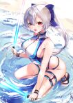  1girl absurdres bangs blue_bow blue_swimsuit bow breasts dual_wielding energy_sword fate/grand_order fate_(series) hair_between_eyes hair_bow hane_yuki highleg highleg_swimsuit highres holding kneeling large_breasts long_hair looking_at_viewer one-piece_swimsuit open_mouth ponytail red_eyes sandals shore silver_hair smile swimsuit sword thigh_strap thighs tomoe_gozen_(fate) tomoe_gozen_(swimsuit_saber)_(fate) two-tone_swimsuit water weapon wet white_swimsuit 
