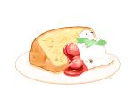  artist_name bear cake chai commentary cream food fruit highres mint no_humans original plate simple_background sitting_on_food sponge_cake strawberry white_background 