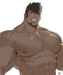  1boy abs antonio_(gyee) bara earrings facial_hair goatee gomtang grey_hair gyee jewelry large_pectorals male_focus mature_male muscular muscular_male nipples nude short_hair sideburns smile solo spiked_hair stomach upper_body veins white_background 