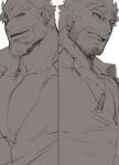  2boys :q aegir_(tokyo_houkago_summoners) anchor_earrings bara beard dagon_(tokyo_houkago_summoners) earrings facial_hair gomtang greyscale jewelry large_pectorals male_cleavage male_focus mature_male monochrome multiple_boys muscular muscular_male necklace partially_unbuttoned short_hair sideburns sketch stubble tokyo_houkago_summoners tongue tongue_out upper_body 