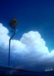  alu.m_(alpcmas) backlighting blue_sky blue_theme cloud commentary_request cumulonimbus_cloud guard_rail highres no_humans original outdoors road_sign scenery sign signature sky trail translation_request 