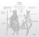  2021 4_toes 5_fingers anthro biped breasts canid canine clothed clothing duo english_text eyewear feet female ferima fingers fox glasses grey_background greyscale gun hi_res male mammal melee_weapon monochrome ranged_weapon simple_background sword text toes weapon 