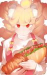  1girl absurdres ahoge big_hair blonde_hair blush bow closed_mouth cradling dress food highres holding holding_food jewelry long_sleeves looking_at_viewer mofu_mofuko_(ryusei_hashida) necklace original pink_dress red_eyes ryusei_hashida sandwich shirt solo sweater twintails upper_body white_shirt white_sweater yellow_bow 
