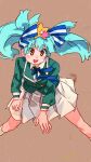  1girl :3 :d absurdres blue_bow blue_hair blue_neckwear blue_ribbon blush bow brown_background brown_eyes floating_hair green_jacket hair_bow hair_ornament highres hoshikawa_lily jacket leaning_forward legs_apart long_sleeves miniskirt neck_ribbon open_mouth pleated_skirt ribbon ryusei_hashida skirt smile socks solo standing star_(symbol) star_hair_ornament striped striped_bow twintails white_skirt zombie_land_saga 