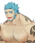  1boy aqua_eyes aqua_hair arm_tattoo bandaid bandaid_on_forehead bara beard bright_pupils character_request check_copyright chest_hair copyright_request drooling eyebrow_piercing facial_hair gomtang large_pectorals male_focus mature_male muscular muscular_male neck_tattoo nipples nude original piercing short_hair shoulder_tattoo solo stubble tattoo thick_eyebrows tongue tongue_out upper_body 