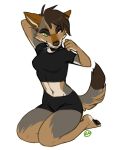  2021 anthro biped black_bottomwear black_clothing black_nose black_pants black_short bottomwear breasts brown_hair canid canine canis clothed clothing coyote digital_media_(artwork) eyebrows eyelashes feet female fingers fully_clothed green_eyes hair kaitycuddle kneeling mammal one_eye_closed pants sahara_(nicnak044) simple_background solo toes whiskers white_background 