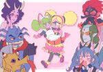  3boys 5girls :3 animal_ears antennae apron asdge23 bakenyan_(precure) bakenyan_(precure)_(cosplay) bald_spot bare_shoulders bindi black_dress black_eyes black_gloves black_legwear blonde_hair blood blue_eyes blue_gloves blue_hair blue_lips blue_skin blush blush_stickers bodysuit border bow bowtie braid bubble_skirt butler butler_(precure) camera cape carrying cat_ears cat_girl chongire closed_eyes colored_sclera colored_skin commentary_request constricted_pupils cosplay covering_mouth crab crossdressing cyclops diamond_(symbol) doctor dress elbow_gloves excited eyeshadow eyewon_(precure) facepaint fang fangs female_pervert formal frilled_apron frills full-face_blush fur_choker glasses gloves green_eyes green_hair hairband half-closed_eyes hand_on_own_cheek hand_on_own_face holding holding_camera horns kappard_(precure) labcoat lipstick long_hair looking_at_another looking_to_the_side low-tied_long_hair low_twintails maid maid_apron maid_headdress makeup mask monster_boy monster_girl multicolored_hair multiple_boys multiple_girls no_antennae no_nose no_sclera nosebleed numeri_(precure) one-eyed open_mouth orange-tinted_eyewear outside_border pantyhose pervert pink_background pink_footwear pink_hair pink_hairband pink_skin pointy_ears polka_dot polka_dot_background prawn precure princess_carry purple_cape purple_eyes purple_lips purple_skin red_eyes red_hair red_scarf red_skin reverse_trap rimless_eyewear scarf seahorse shoes shoulder_pads single-lens_reflex_camera single_horn skirt slit_pupils slug_girl star_twinkle_precure streaked_hair sunglasses sweatdrop tengu_mask tropical-rouge!_precure twin_braids twintails walking wavy_hair white_apron white_border white_headwear white_neckwear yellow_sclera yuni_(precure) 
