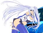  1girl arm_tattoo bangs breasts car clenched_hand clothing_cutout detached_sleeves eyebrows_visible_through_hair floating_hair ground_vehicle himegami_gadget kikuchi_michitaka large_breasts leaning_forward long_hair motor_vehicle navel official_art parted_lips silver_hair skindentation smile solo stomach_cutout subaru_impreza tattoo thighhighs twintails 