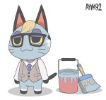  :3 animal_crossing anthro ayyk92 biped black_body black_fur blonde_hair brush bucket clothed clothing digital_media_(artwork) domestic_cat eyewear felid feline felis fur glasses grey_body hair male mammal nintendo paint paint_bucket paintbrush punchy_(animal_crossing) raymond_(animal_crossing) simple_background smile solo video_games white_body white_fur yellow_sclera 