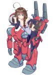  1girl ahoge black_hair blue_eyes bodysuit braid breasts brown_hair cosplay eyebrows_visible_through_hair guncannon guncannon_(cosplay) gundam hair_between_eyes hair_flaps hair_ornament hair_over_shoulder hardsuit helmet kantai_collection looking_at_viewer mobile_suit_gundam moke_ro power_armor remodel_(kantai_collection) shigure_(kancolle) shoulder_cannon simple_background single_braid small_breasts solo white_background 
