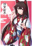  1girl animal_ears blue_bow bow brown_eyes claw_pose dog_ears dog_girl dog_hair_ornament fang fur_trim furisode heterochromia highres inui_toko japanese_clothes kimono long_hair looking_at_viewer low-tied_long_hair mount_fuji nichijo nijisanji obi open_hands open_mouth pink_eyes red_kimono red_nails sash skin_fang solo very_long_hair virtual_youtuber wide_sleeves 