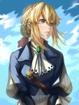  1girl absurdres blonde_hair blue_eyes blue_jacket braid french_braid green_brooch hair_ribbon highres jacket long_sleeves looking_away looking_to_the_side okamin puffy_sleeves red_ribbon ribbon solo violet_evergarden violet_evergarden_(character) 