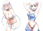  1girl a1 absurdres amagi_brilliant_park armpits arms_behind_back arms_up black_panties blue_hair blue_neckwear blush breast_grab breasts choker cleavage closed_eyes closed_mouth collarbone eyebrows_visible_through_hair fingering flower grabbing green_eyes groin hair_flower hair_ornament hand_in_panties highres large_breasts looking_at_viewer masturbation multiple_views muse_(amaburi) navel nipples open_mouth panties shiny shiny_hair short_hair simple_background skindentation smile standing sweat thong underwear white_background 