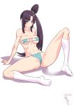  1girl abs ass bikini black_hair blue_bikini blue_eyes blush breasts cameltoe cum fate/grand_order fate_(series) hair_cones highres jackasss kneehighs long_hair looking_at_viewer micro_bikini navel side_ponytail sitting smile swimsuit ushiwakamaru_(fate) very_long_hair white_legwear 