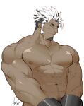  1boy abs bara black_hair character_request check_copyright copyright_request cuffs dark_skin dark_skinned_male ear_piercing facial_hair goatee gomtang handcuffs large_pectorals long_sideburns male_focus male_pubic_hair mature_male multicolored_hair muscular muscular_male navel navel_hair nipples nude original piercing pubic_hair scar_on_arm short_hair sideburns smile solo stomach two-tone_hair upper_body white_hair 
