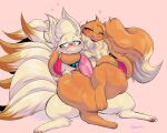  &lt;3 &lt;3_eyes absurd_res ambiguous_gender big_ears blush bulge canid canine duo eevee eeveelution feral fox fur genital_outline green_eyes hi_res kazzypoof_(character) male mammal multi_tail ninetales nintendo penis_outline pok&eacute;mon pok&eacute;mon_(species) scarf sex thigh_sex uromatsu video_games yellow_body yellow_fur 