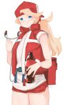  1girl bangs baseball_cap belt blonde_hair blue_eyes bottle closed_mouth coca-cola cowboy_shot hair_ornament hair_scrunchie hat headphones headphones_removed highres holding holding_bottle holding_headphones looking_at_viewer original ponytail red_shorts red_vest ryusei_hashida scrunchie shirt short_shorts shorts sideways_hat signature simple_background smile solo standing swept_bangs vest white_background white_shirt 