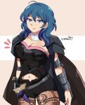  1girl bangs blue_eyes blue_hair breasts byleth_(fire_emblem) byleth_(fire_emblem)_(female) cleavage clothing_cutout eyebrows_visible_through_hair fire_emblem fire_emblem:_three_houses highres karbuitt large_breasts looking_at_viewer navel navel_cutout pantyhose short_hair shorts solo 