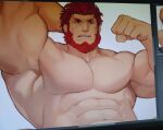  1boy abs armpits bara beard biceps facial_hair fate/grand_order fate/zero fate_(series) flexing gomtang highres iskandar_(fate) large_pectorals male_focus mature_male muscular muscular_male navel no_nipples nude pose red_eyes red_hair short_hair solo stomach upper_body work_in_progress 
