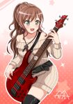  1girl :d bang_dream! bangs bare_shoulders bass_guitar beige_dress belt black_belt black_footwear blush boots brown_hair bunny_earrings collarbone commentary_request cowboy_shot dress earrings esp_guitars eyebrows_visible_through_hair gradient gradient_background green_eyes hair_between_eyes half_updo highres imai_lisa instrument jewelry long_hair long_sleeves medium_hair music off-shoulder_dress off_shoulder official_style open_mouth partial_commentary playing_instrument polka_dot polka_dot_background red_background ribbed_dress sidelocks signature smile solo sparkle standing starry_background thigh_boots thighhighs yoshino_yamato zettai_ryouiki 