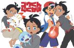  2boys antenna_hair ash_ketchum barefoot baseball_cap black_hair blue_eyes blue_jacket brown_eyes character_doll closed_mouth commentary_request dark_skin dark_skinned_male doll eyelashes gen_8_pokemon goh_(pokemon) grey_shirt hat holding holding_doll jacket long_sleeves male_focus multiple_boys pants pokemon pokemon_(anime) pokemon_(creature) pokemon_swsh_(anime) scorbunny shirt short_hair short_sleeves shorts signature sleeveless sleeveless_jacket sobble t-shirt toes translation_request white_shirt ze_(0enmaitake) 