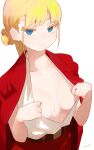  1girl absurdres assertive_female bangs belt blonde_eyelashes blonde_hair blue_eyes blush breasts brown_belt closed_mouth collarbone colored_eyelashes highres jacket jacket_on_shoulders leer long_hair looking_at_viewer medium_breasts naughty_face no_bra open_clothes open_shirt original red_jacket red_skirt ryusei_hashida seductive_smile shirt shirt_tucked_in simple_background skirt smile solo white_background white_shirt 