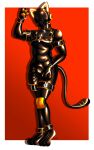  2021 absurd_res anthro bdsm biped black_collar bondage_gloves border clothing collar collar_tag cosia felid feline gas_mask hi_res male mammal mask red_background rubber rubber_suit signature simple_background standing white_border 