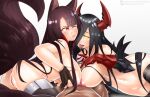  2020 akagi_(azur_lane) animal_humanoid azur_lane black_hair breasts butt canid canid_humanoid female genitals glowing glowing_eyes group hair horn horned_humanoid human human_on_humanoid humanoid interspecies male male/female mammal mammal_humanoid navel one_eye_closed penis pussy sex simple_background slimedrippy smile titfuck tongue tongue_out white_background 