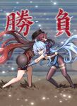  2girls ass black_hair black_legwear black_shorts bow brown_hair catfight fighting ganyu_(genshin_impact) genshin_impact hair_bow hat hay highres hu_tao leotard long_hair long_sleeves mud multicolored_hair multiple_girls pantyhose pulling red_eyes red_hair shorts smile thighs twintails two-tone_hair yavaru 