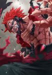  1boy belt boku_no_hero_academia claws clenched_teeth commentary_request grey_background hair_horns highres kirishima_eijirou male_focus pants red_eyes red_hair sharp_teeth shirtless simple_background solo spiked_hair teeth torn_clothes yomoyama_yotabanashi 