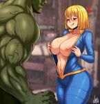  1boy 1girl 3d_background absurdres black_eyes blue_jumpsuit blush bob_cut breasts cameltoe cleavage colored_skin come_hither fallout_(series) fallout_4 green_skin heart highres jmg large_breasts licking_lips manly mature monster_boy muscular naughty_face navel nipples no_pupils sexually_suggestive short_hair solo_focus strap_gap super_mutant tongue tongue_out underboob undressing vault_girl vault_suit veins 