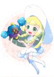  1girl :d absurdres bangs bare_arms blonde_hair blush braid collared_dress commentary_request cosmog dress eyelashes gen_7_pokemon green_eyes hat highres legendary_pokemon lillie_(pokemon) long_hair open_mouth pokemon pokemon_(creature) pokemon_(game) pokemon_sm saki_pokeoekaki shiny shiny_hair shoes sleeveless sleeveless_dress smile socks sparkle sun_hat tongue twin_braids white_dress white_headwear white_legwear 