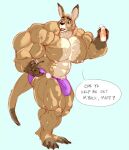  2016 3_toes 5_fingers anthro big_bulge big_pecs blue_background bodily_fluids bottle brown_body brown_fur bulge clothed clothing dialogue english_text feet fingers fur holding_object huge_bulge huge_muscle huge_pecs kangaroo looking_at_another macropod male mammal marsupial nipples open_mouth pecs plantigrade simple_background solo speech_bubble stagor55 standing sweat text toes underwear underwear_only veiny_muscle 