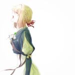  1girl blonde_hair blue_jacket braid closed_eyes crying dress french_braid from_side green_brooch hair_ribbon highres jacket juliet_sleeves long_sleeves nijiko_(10437772) open_mouth puffy_sleeves red_ribbon ribbon simple_background solo tears upper_body violet_evergarden violet_evergarden_(character) white_dress 