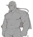  1boy abs bara bare_pecs bulge cowboy_shot fang gakuran gomtang greyscale half_mask jacket jacket_on_shoulders large_pectorals male_focus monochrome muscular muscular_male navel oni school_uniform short_hair shuten_douji_(tokyo_houkago_summoners) sideburns solo stomach tokyo_houkago_summoners 