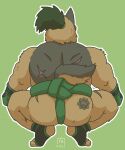  2021 anthro brown_body brown_fur butt canid canine canis domestic_dog fur goyemon_k green_background hi_res kemono male mammal overweight overweight_anthro overweight_male simple_background solo tokyo_afterschool_summoners video_games yasuyori 