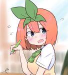  1girl bangs blurry blurry_background blush bow breasts collared_shirt commentary_request depth_of_field eyebrows_behind_hair flying_sweatdrops go-toubun_no_hanayome green_bow green_ribbon hair_between_eyes holding holding_pencil kujou_karasuma looking_at_viewer looking_to_the_side medium_breasts nakano_yotsuba open_mouth pencil ribbon shirt short_sleeves signature solo sweat sweater_vest upper_body wavy_mouth white_shirt 