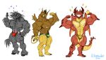  2016 4_toes 5_fingers anthro avian beak black_body black_fur bulge clothed clothing countershading dragon equid equine eyes_closed feet fingers fist flexing fur grin group gryphon hand_on_hip hooves horn horse huge_muscle looking_at_another looking_at_viewer male mammal mythological_avian mythology nipples pink_nipples plantigrade sharp_teeth simple_background smile stagor55 standing teeth toes underwear underwear_only unicorn white_background wings yellow_body yellow_countershading 