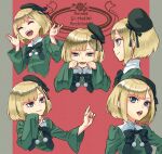  1girl bangs blonde_hair blue_ribbon blunt_bangs closed_eyes commentary_request copyright_name dress eyebrows_behind_hair fate_(series) green_dress green_eyes green_headwear hat hat_ribbon highres long_sleeves lord_el-melloi_ii_case_files multiple_views open_mouth pom_pom_(clothes) red_background reines_el-melloi_archisorte ribbon short_hair smile tilted_headwear two-tone_background white_background yomoyama_yotabanashi younger 